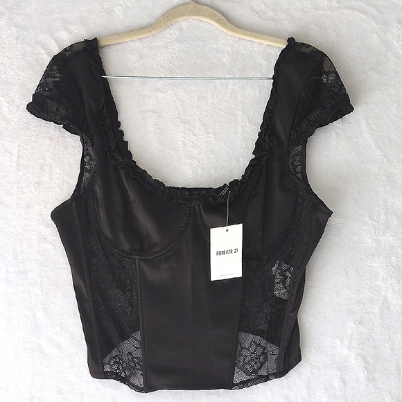 Forever 21 Juniors‎ Black Satin Mesh Lined Corset Bustier Top Size L - Picture 1 of 8